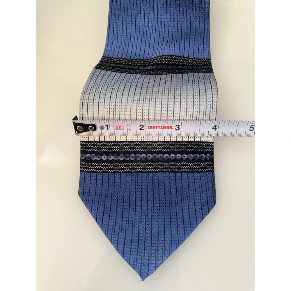 Steven Land 100% Silk Neck Tie Blue Gray‎ Black Striped Wide Handcrafted Korea